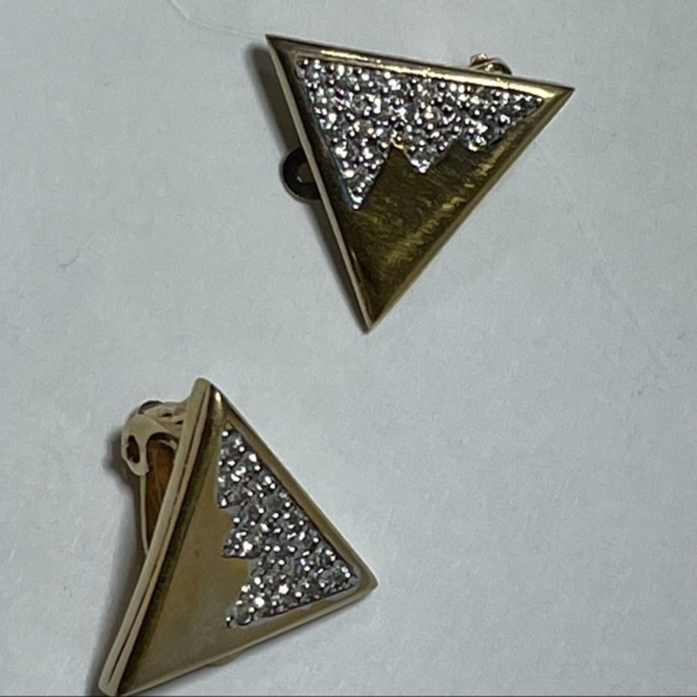 Vtg Panetta Gold Clip on Earrings Triangle pave CZ
